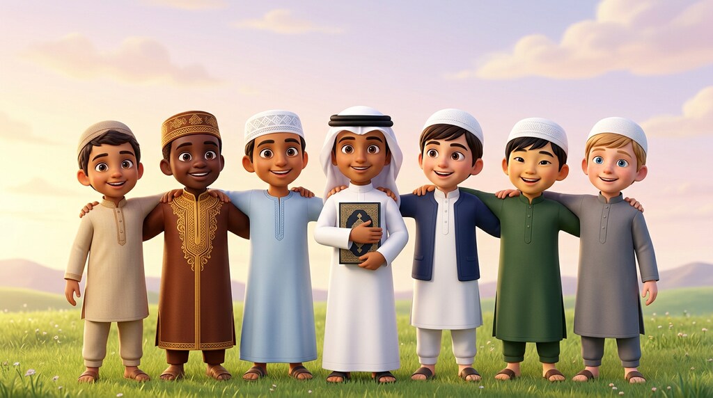 سبعة أولاد من أنحاء العالم يقفون معًا مبتسمين في حقل مشرق، وفي الوسط ولد قطري يحمل المصحف